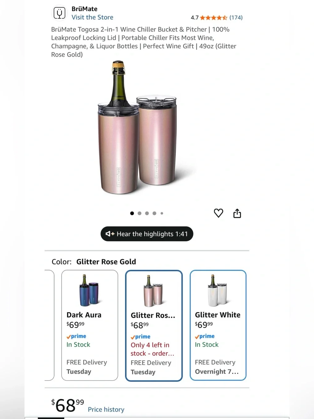 Brumate Togosa Wine Chiller & Leakproof Pitcher - Glitter Rose Gold